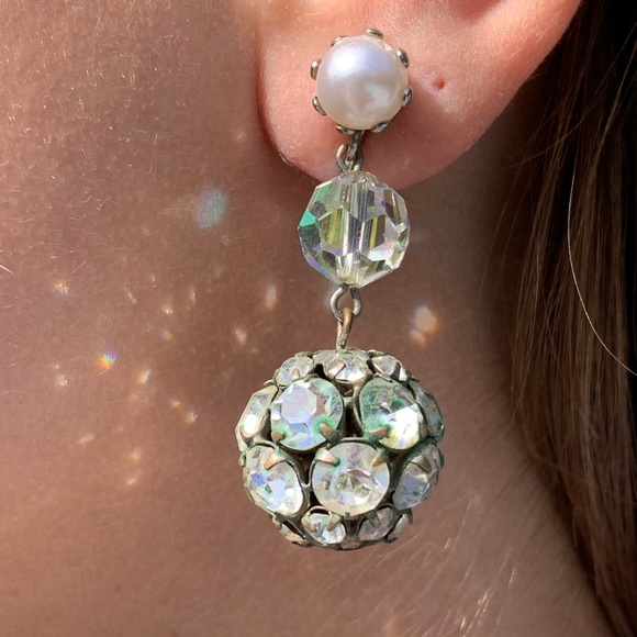 Vintage 1930s Drop and Dangle Rhinestone Ball Earrings - Picture 1 of 3